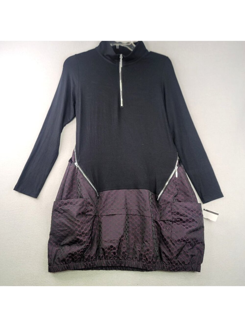Sun Kim Oversized Polka Dot Contrast Tunic Dress XS Black Burgundy Whimsygoth